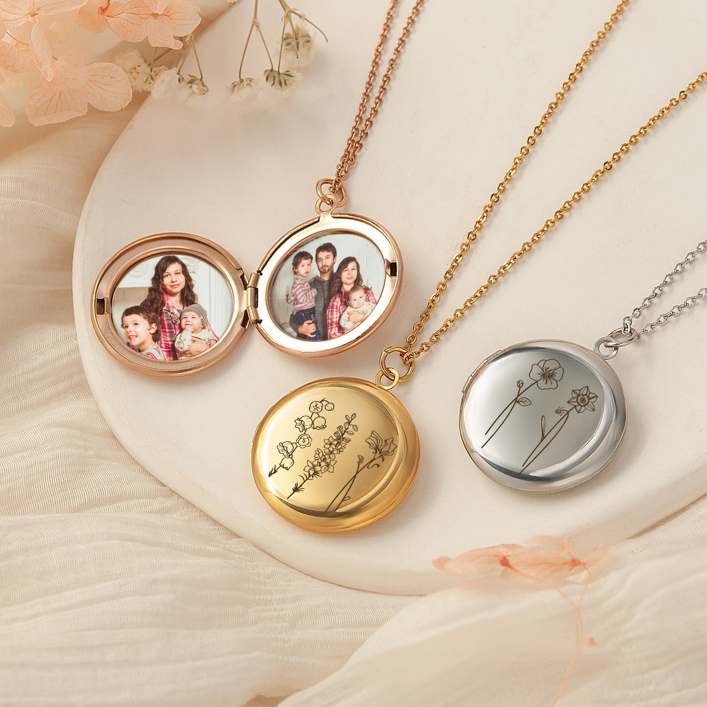 Custom 1-4 Flowers Photo Locket Necklace