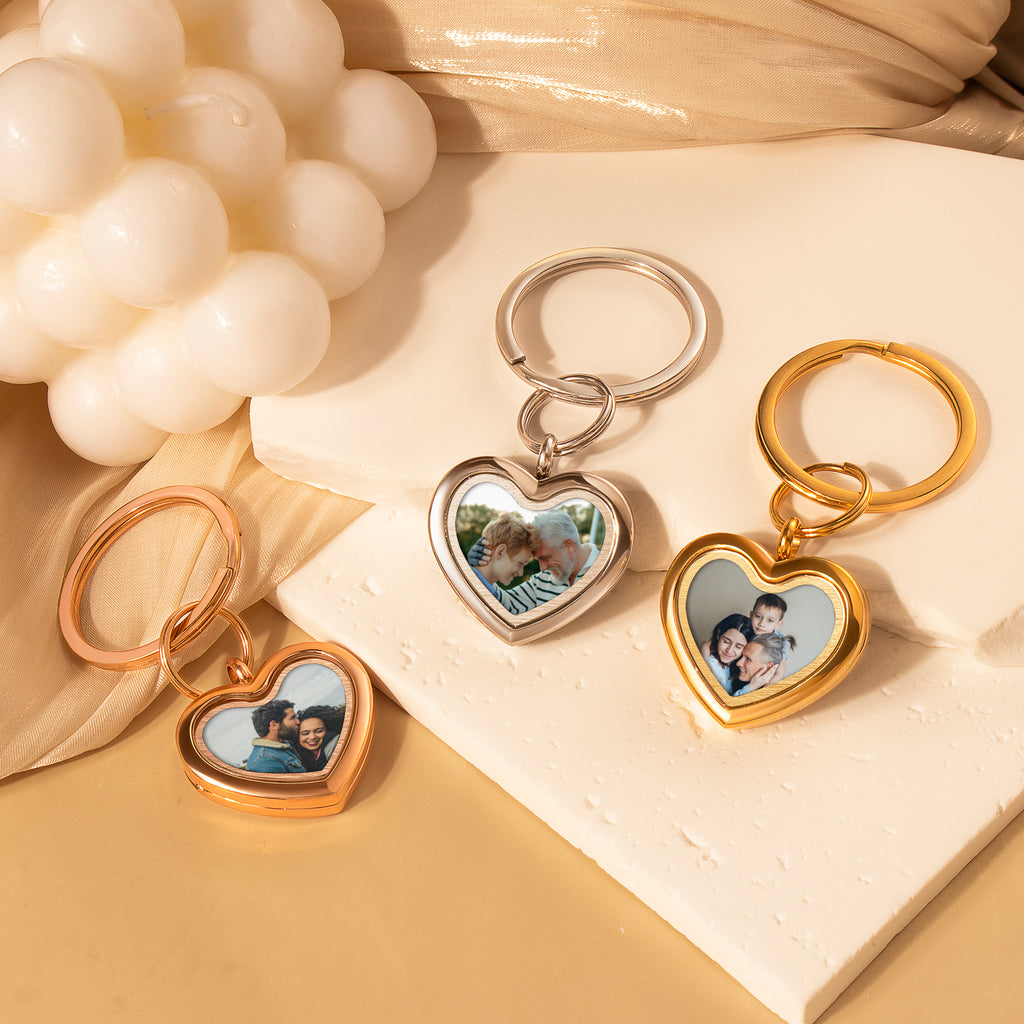 Glass Heart Photo Locket Keychain