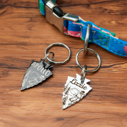 Personalized Arrowhead Shaped Mountain Sunset Themed Pet ID Dog Tag