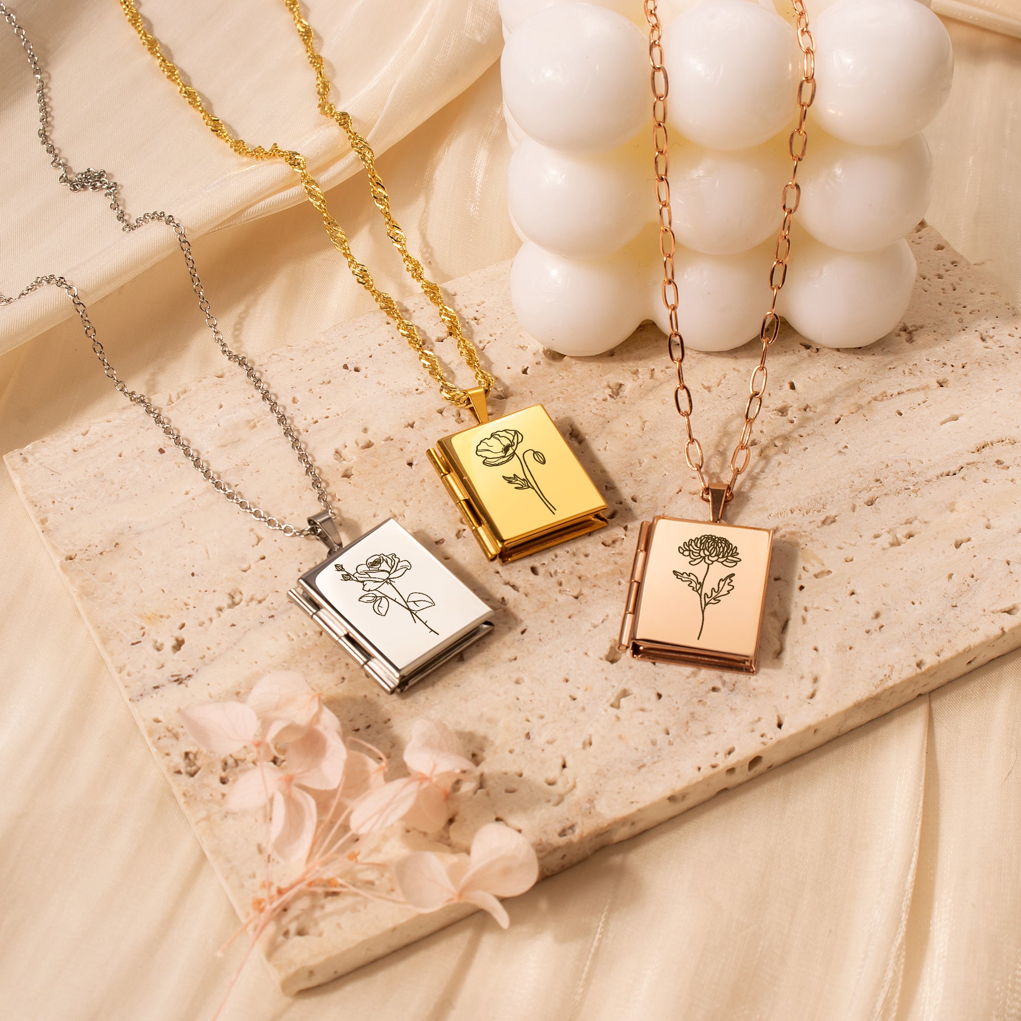 Square Birth Flower Photo Locket Necklace