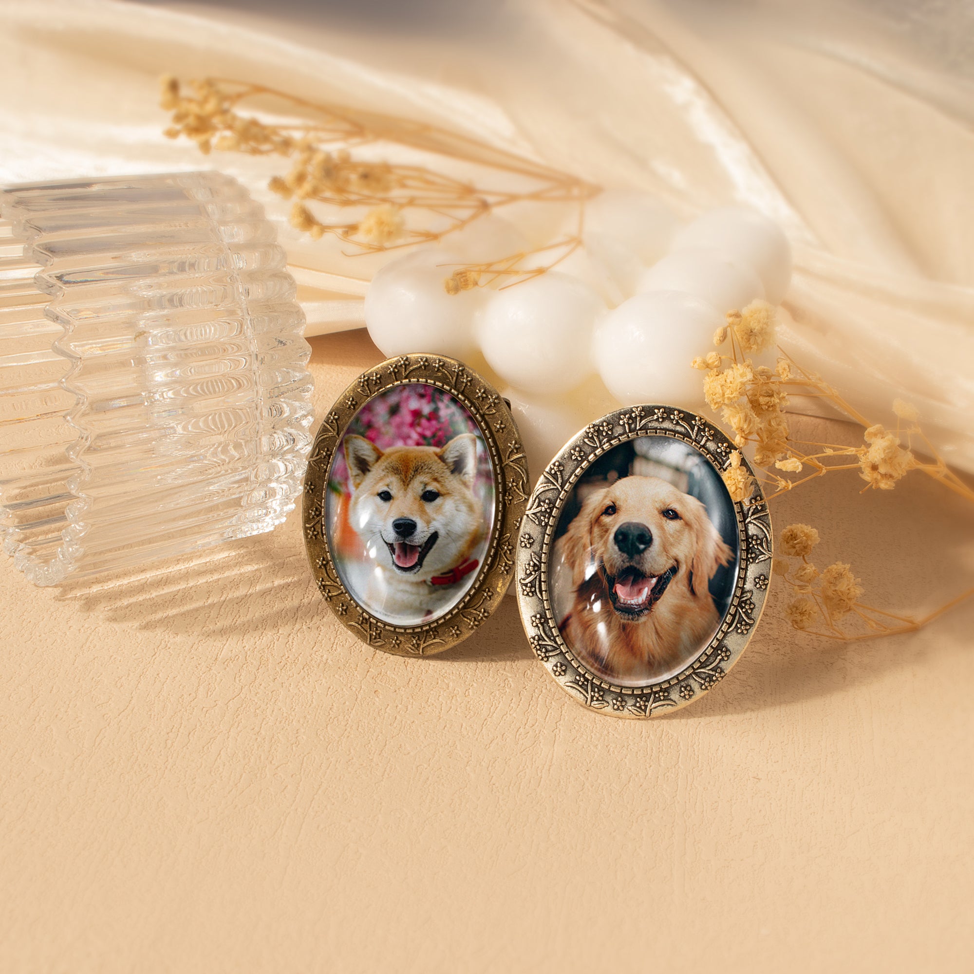 Vintage Oval Floral Pet Memorial Photo Brooch