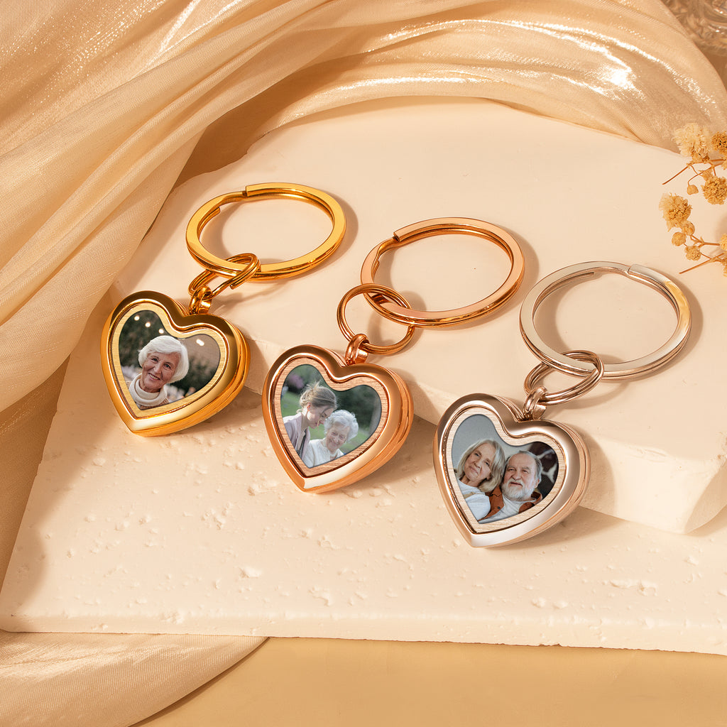 Glass Heart Photo Locket Memorial Keychain