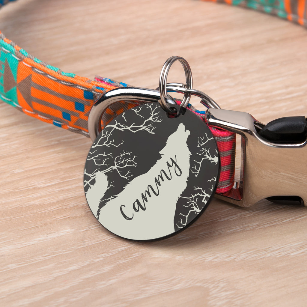 Howling Wolf Round Pet ID Dog Tag