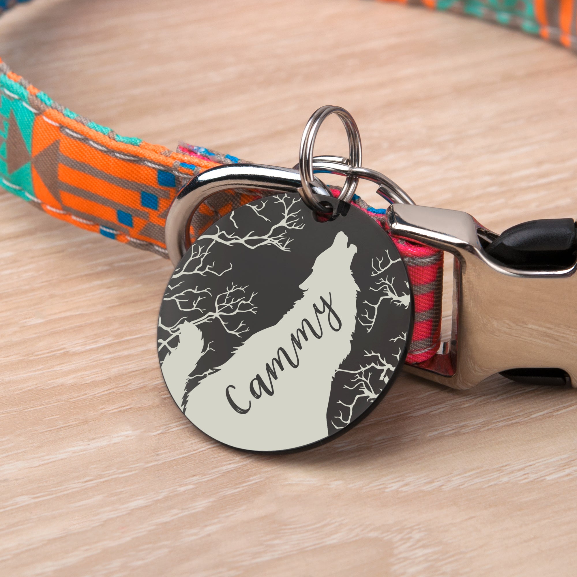 Howling Wolf Round Pet ID Dog Tag