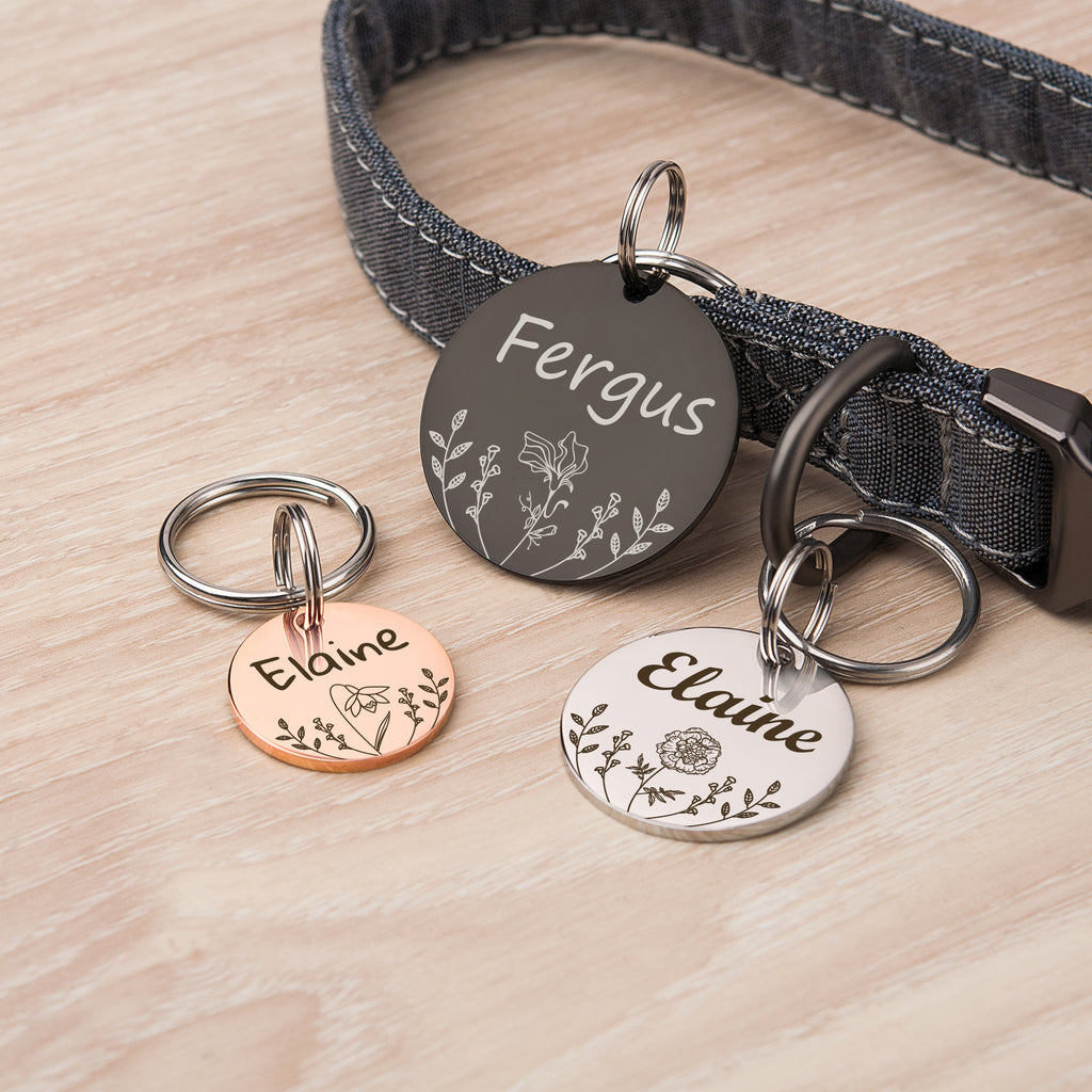 Round Birth Flower Pet ID Dog Tag