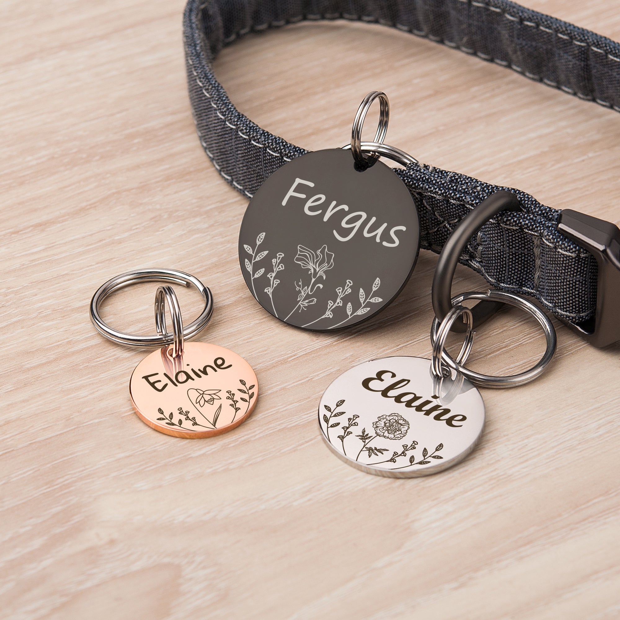 Round Birth Flower Pet ID Dog Tag