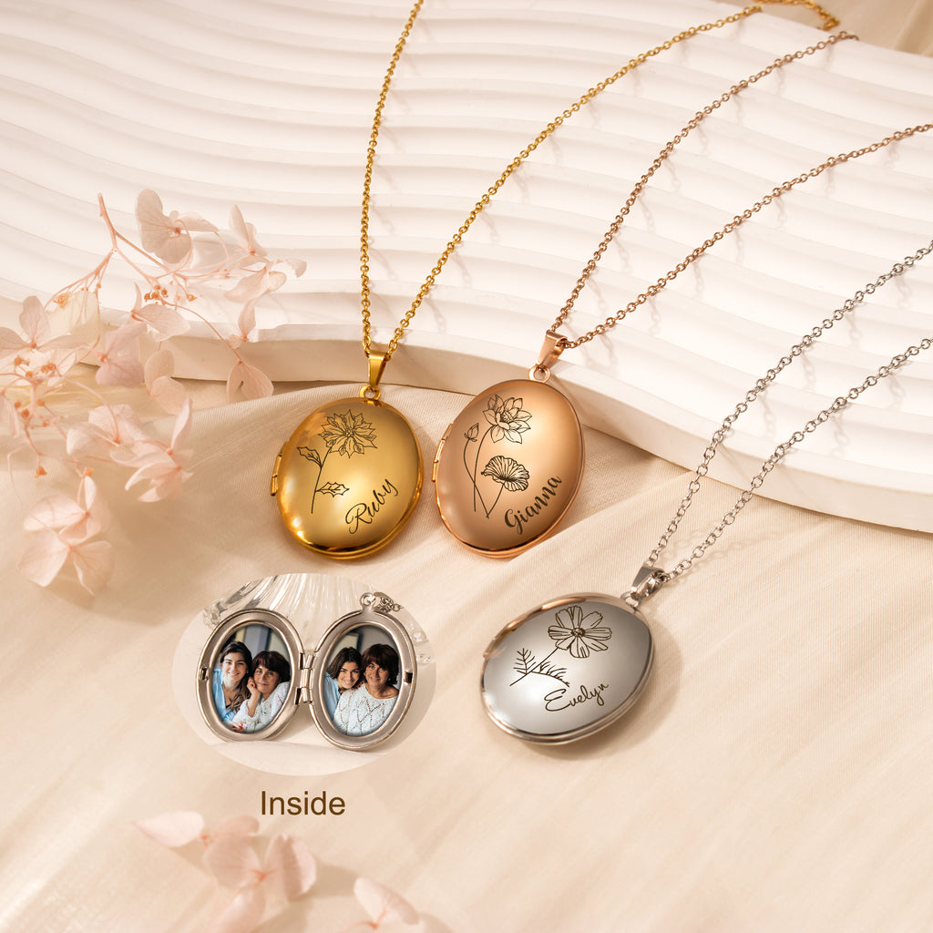 Oval Birth Flower and Name Photo Locket Necklace