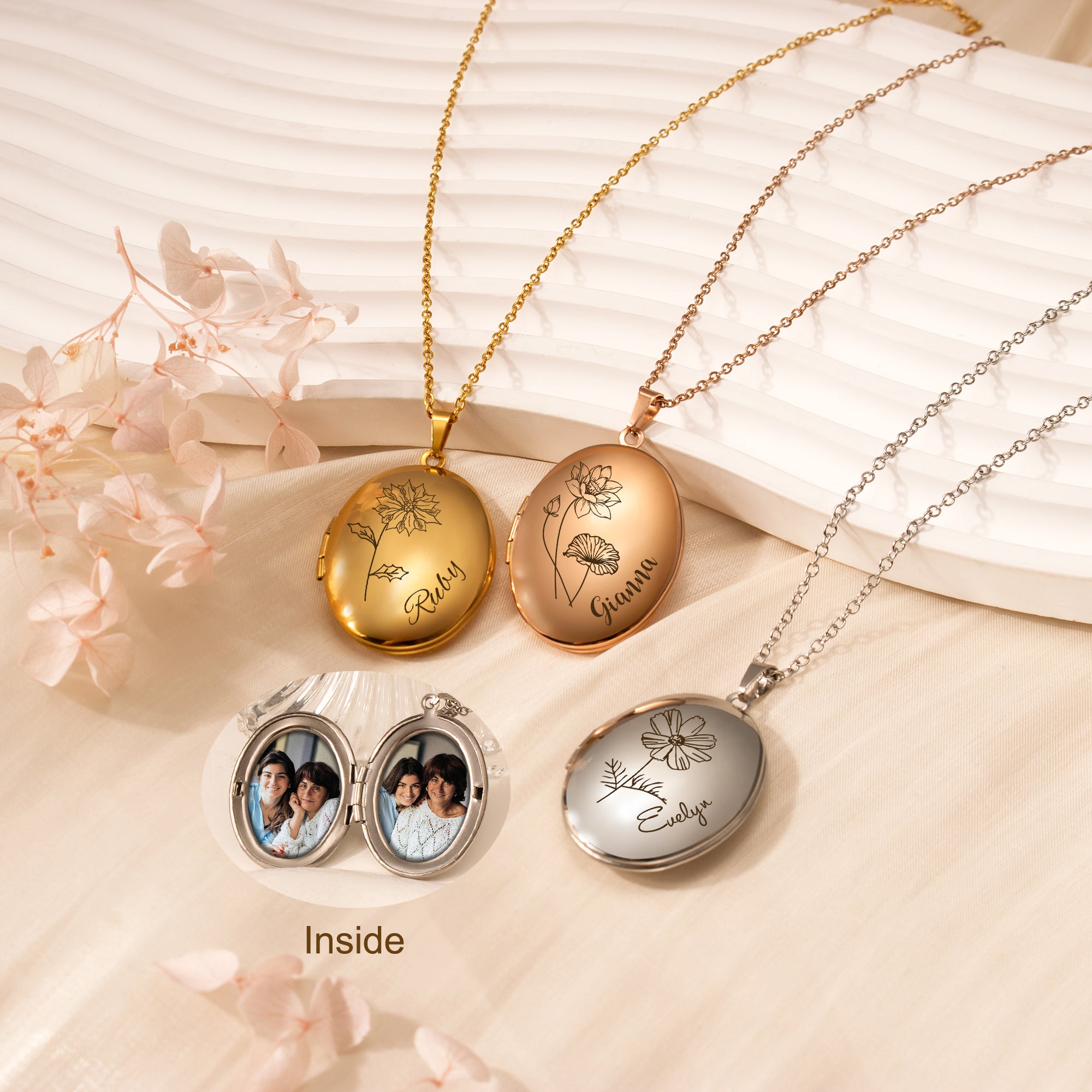 Oval Birth Flower and Name Photo Locket Necklace