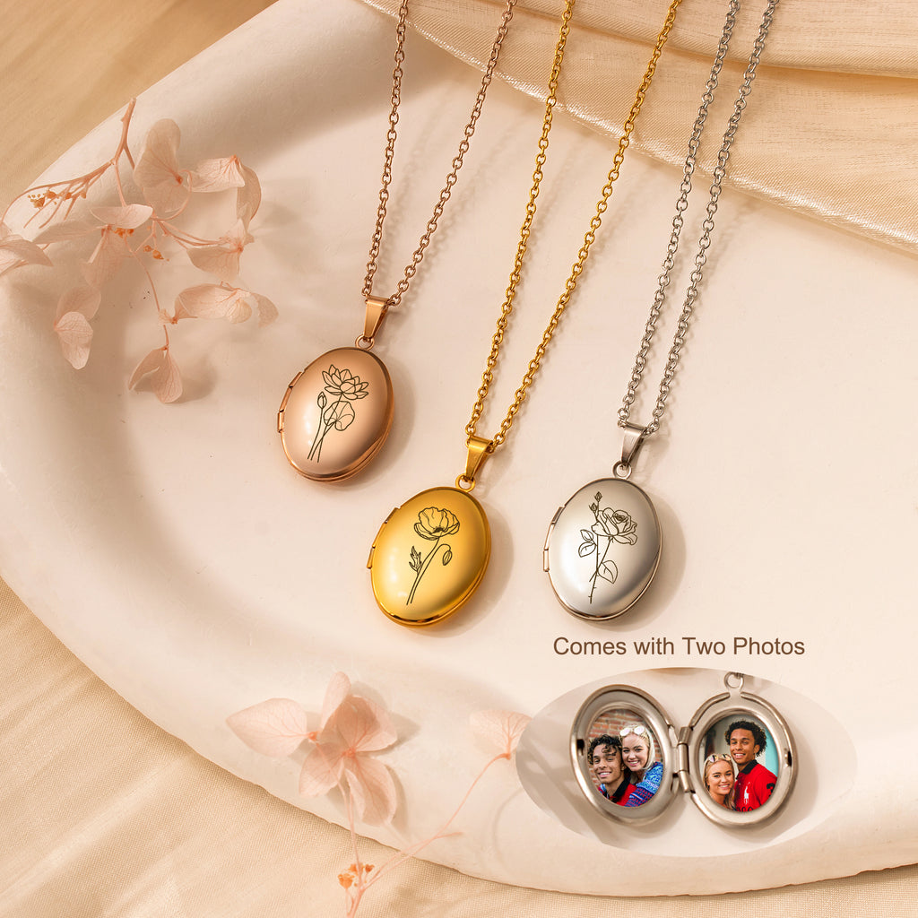 Oval Birth Flower Photo Locket Necklace