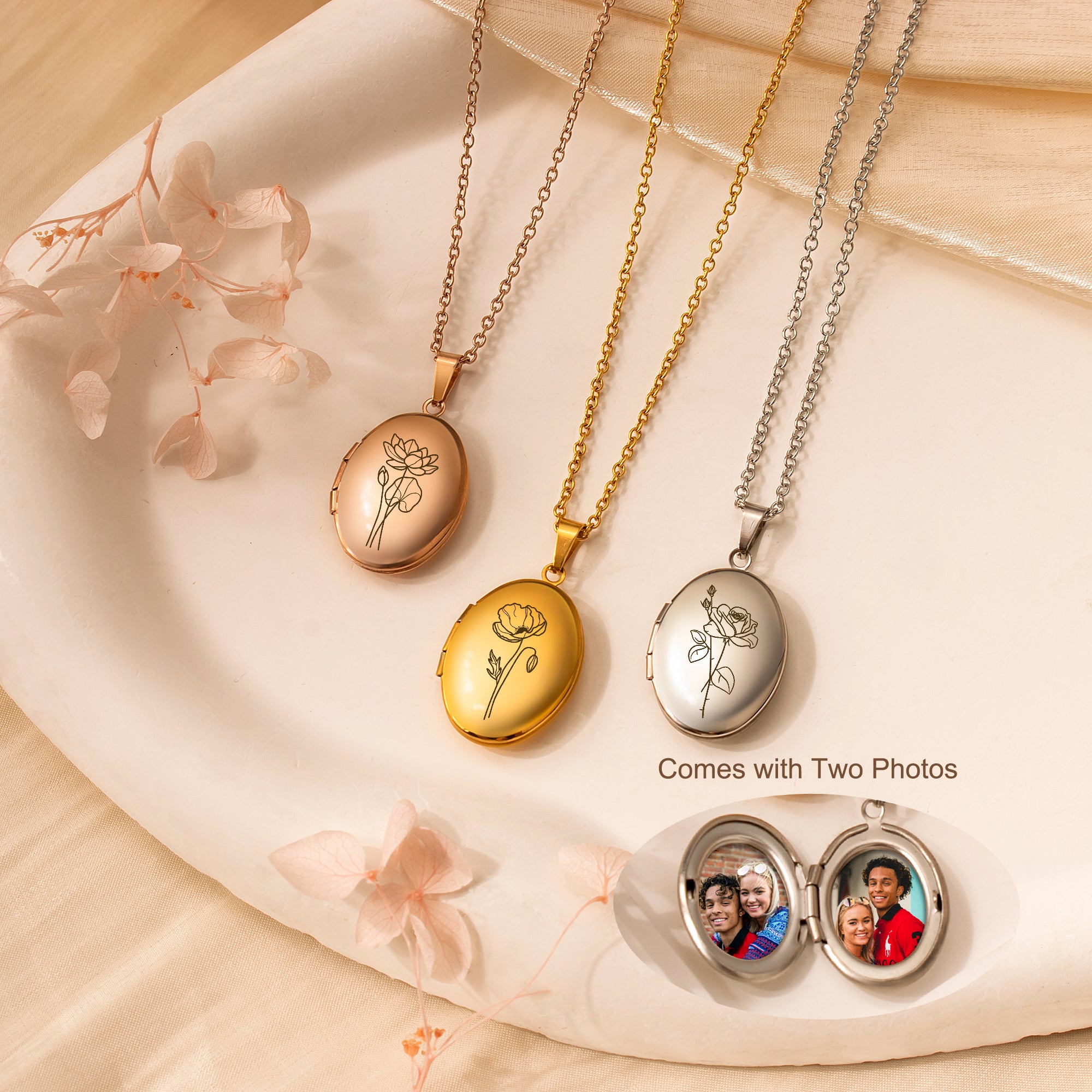 Oval Birth Flower Photo Locket Necklace