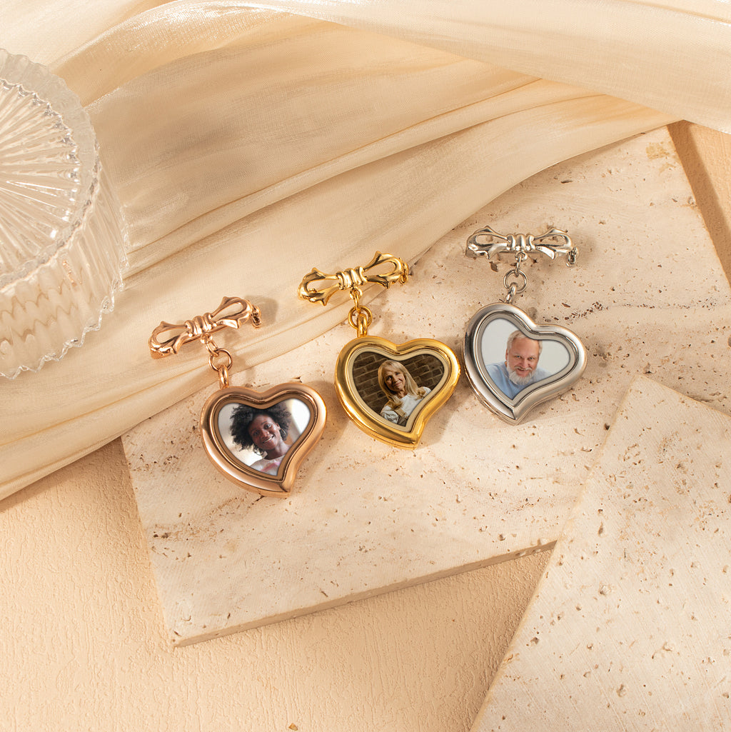 Glass Sideways Heart Photo Locket Brooch Pin