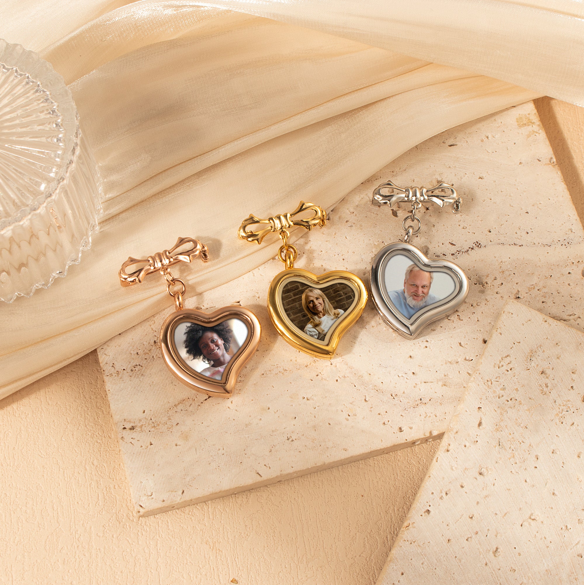 Glass Sideways Heart Photo Locket Brooch Pin