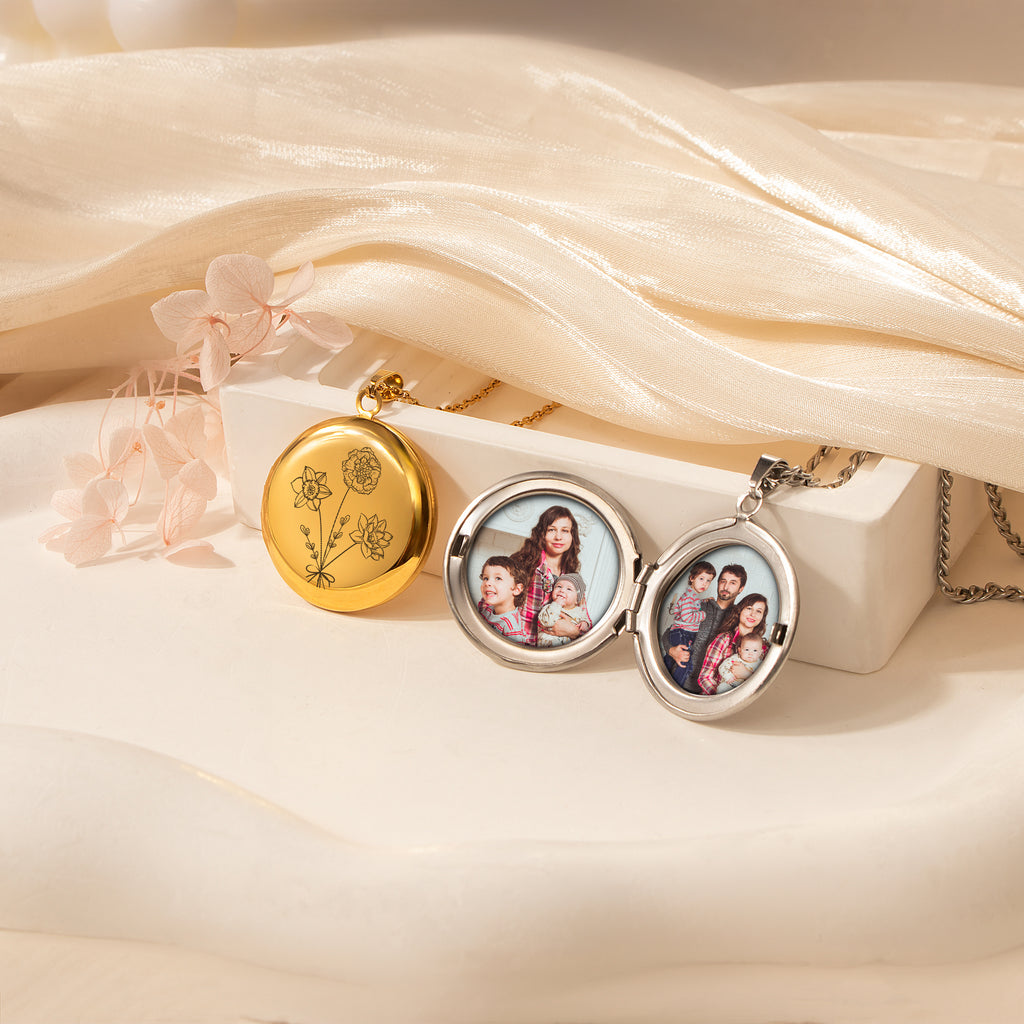 Round Birth Flower Bouquet Photo Locket Necklace