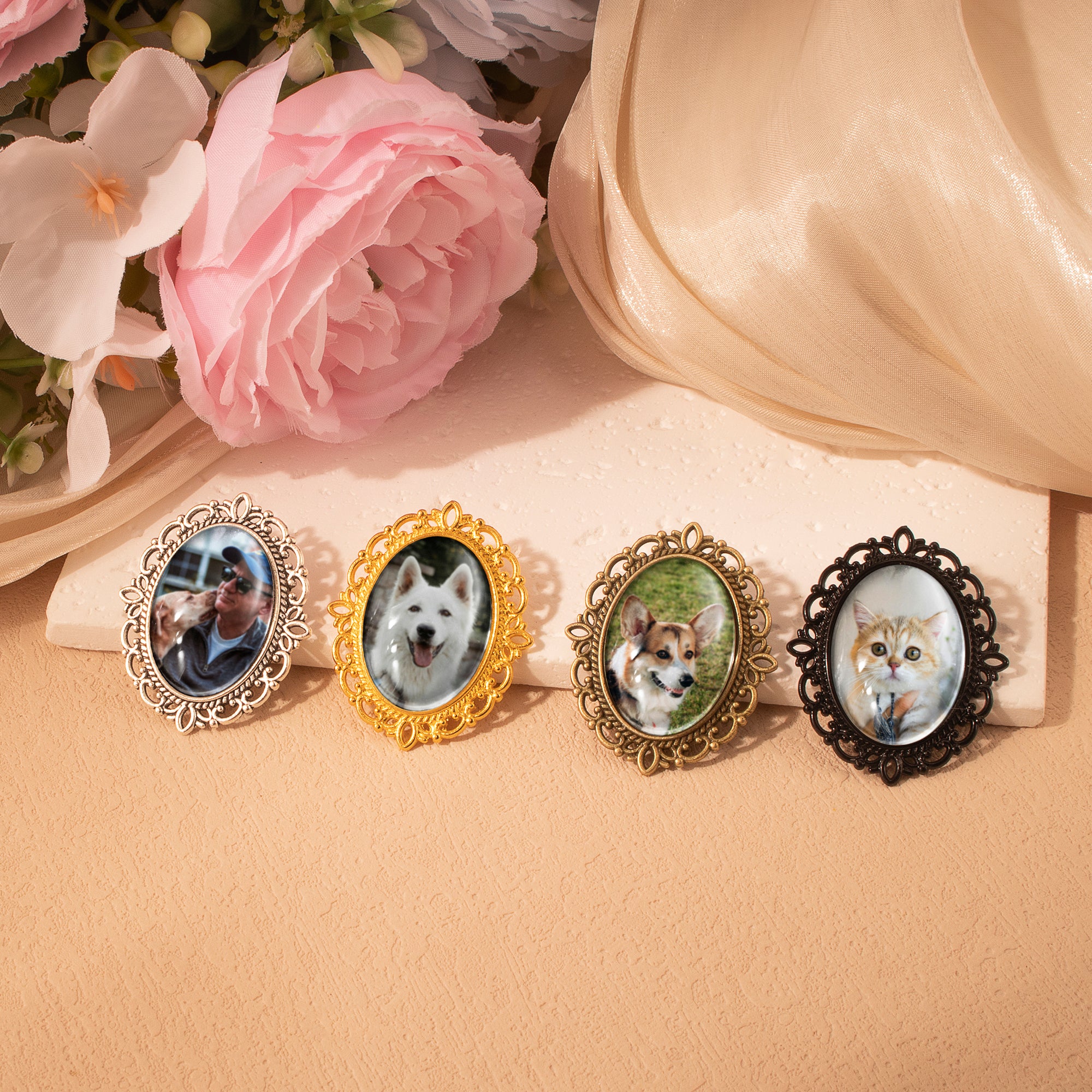 Vintage Oval Resin Pet Photo Brooch
