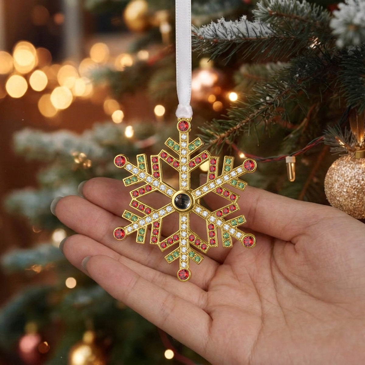 Colorful Rhinestone Snowflake Photo Projection Christmas Ornament