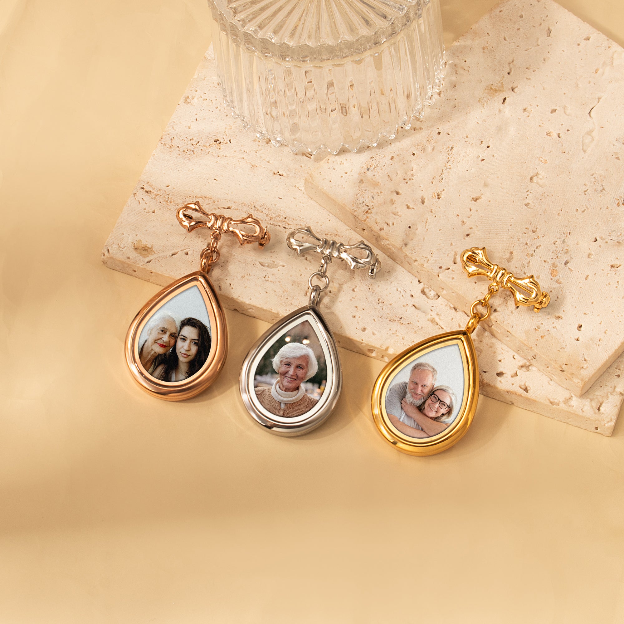 Glass Wedding Teardrop Photo Locket Lapel Pin