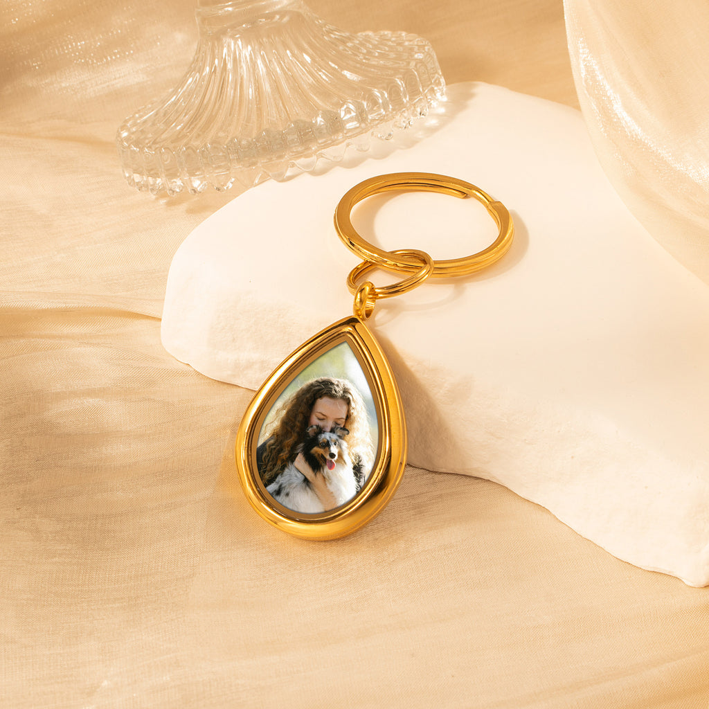 Glass Teardrop Pet Memorial Photo Locket Keychain