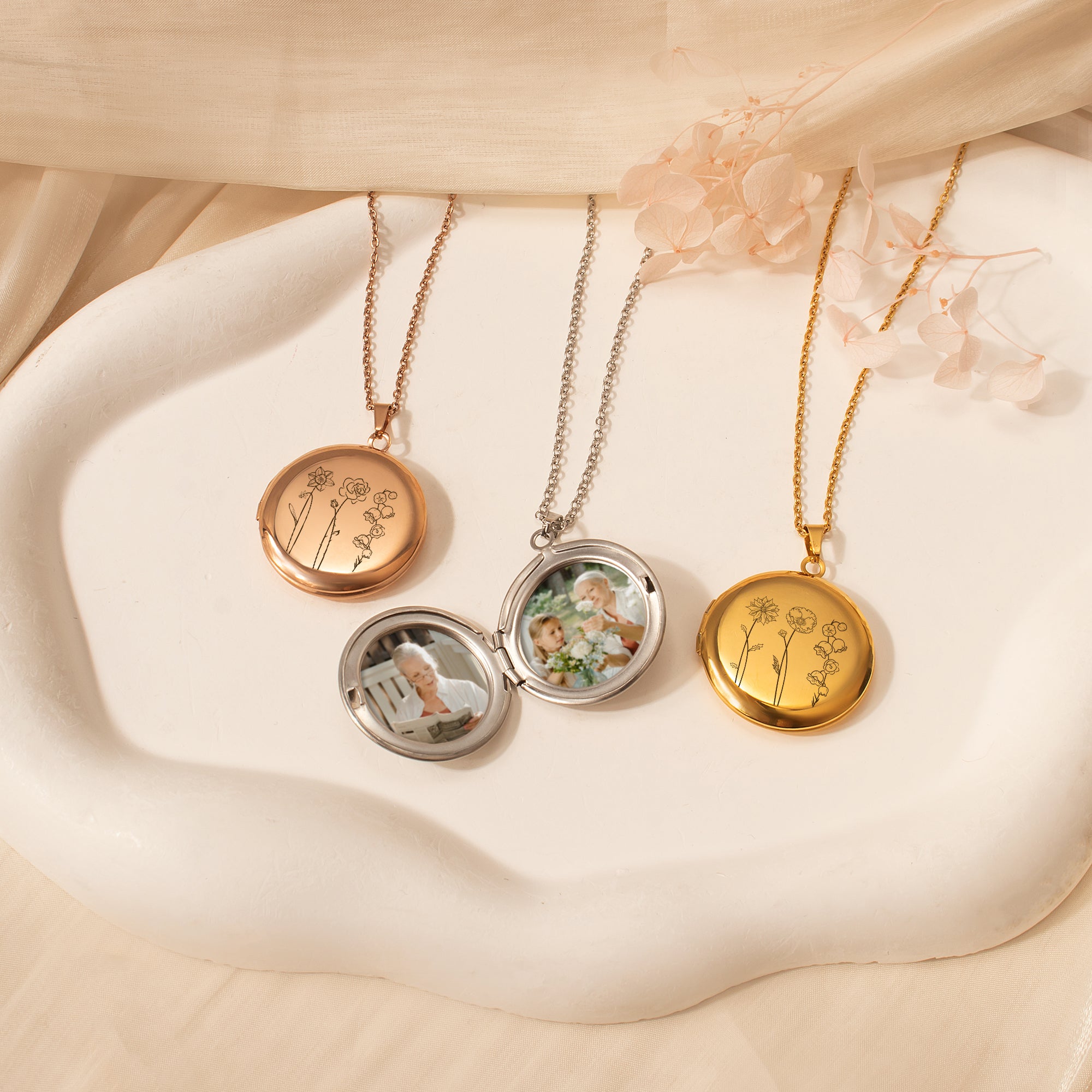 Round Birth Flower Garden Photo Locket Necklace
