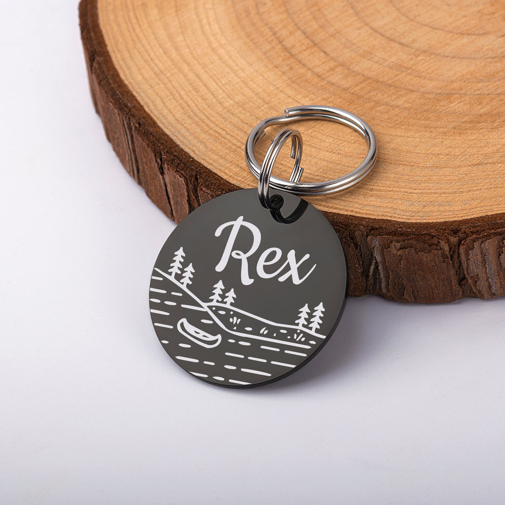 Boat in Lake Round Pet ID Dog Tag