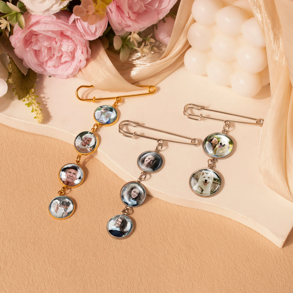 Vertical Wedding Round Photo Brooch Pin