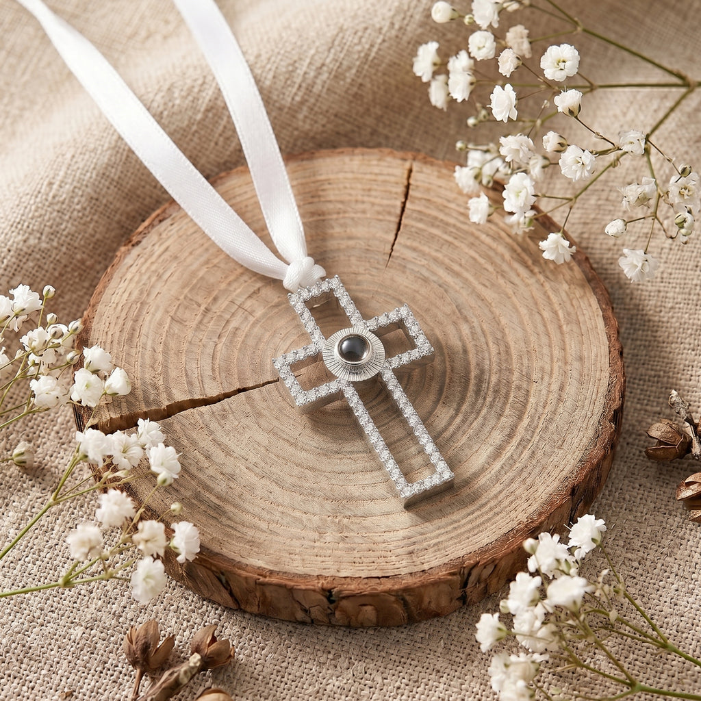 Custom Rhinestone Cross Photo Projection Memorial Ornament