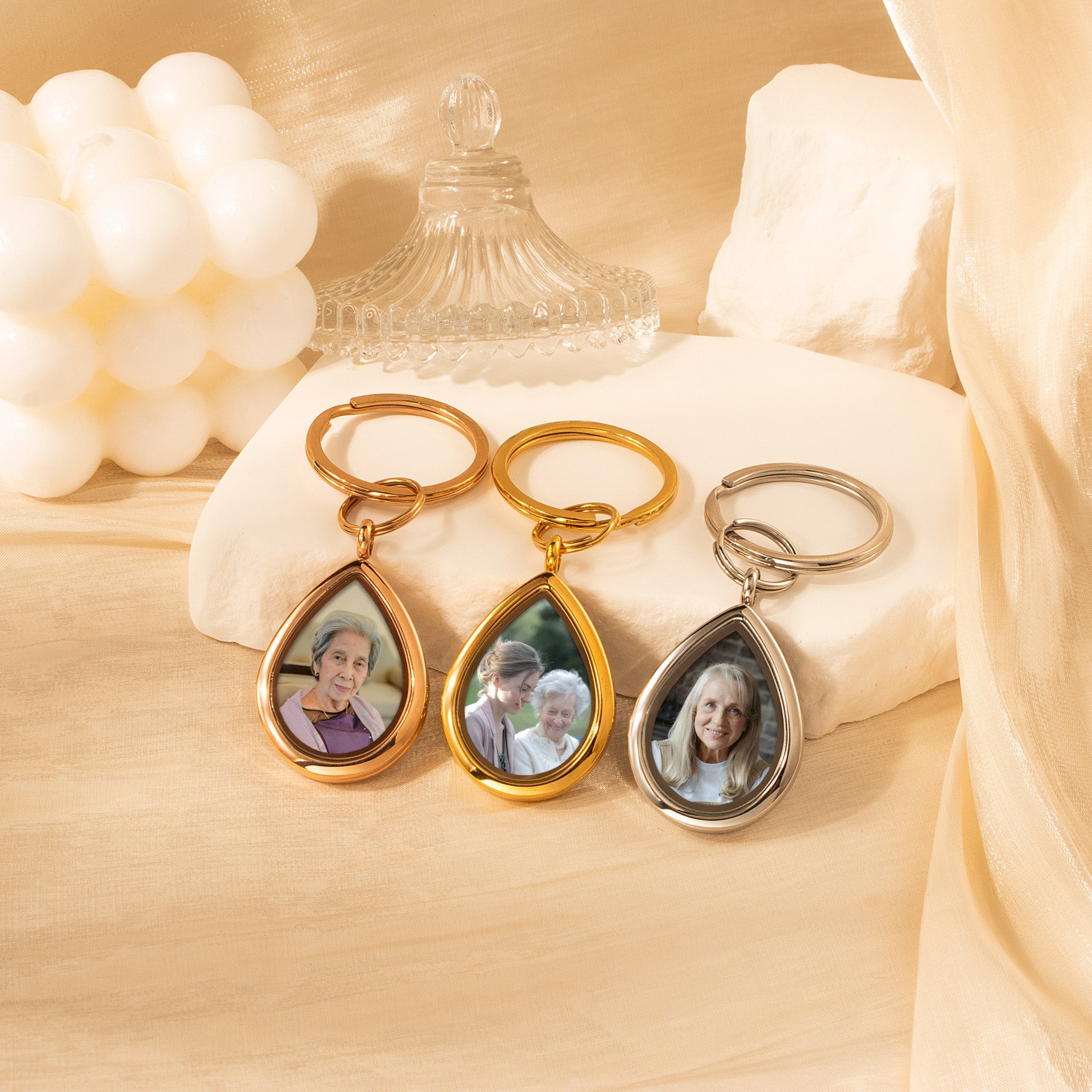 Glass Teardrop Photo Locket Memorial Keychain