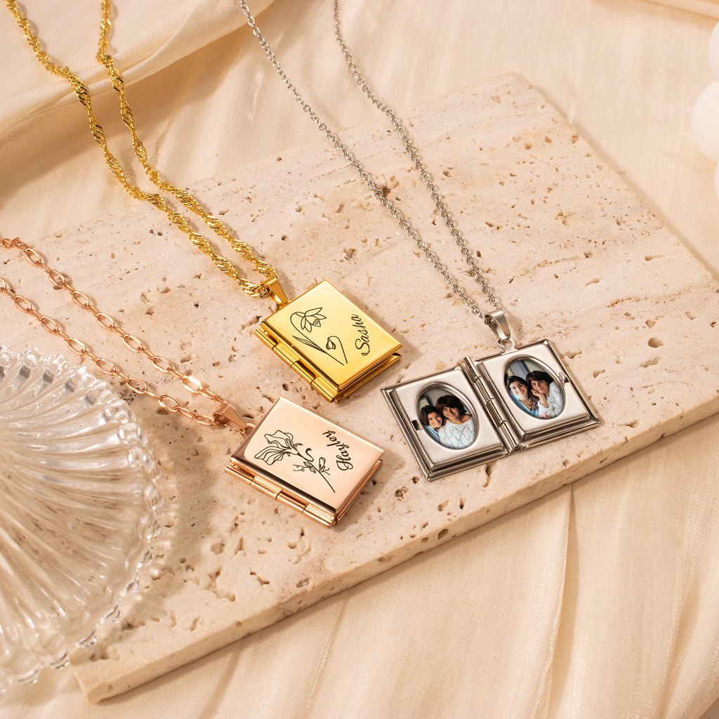 Square Birth Flower and Name Photo Locket Necklace