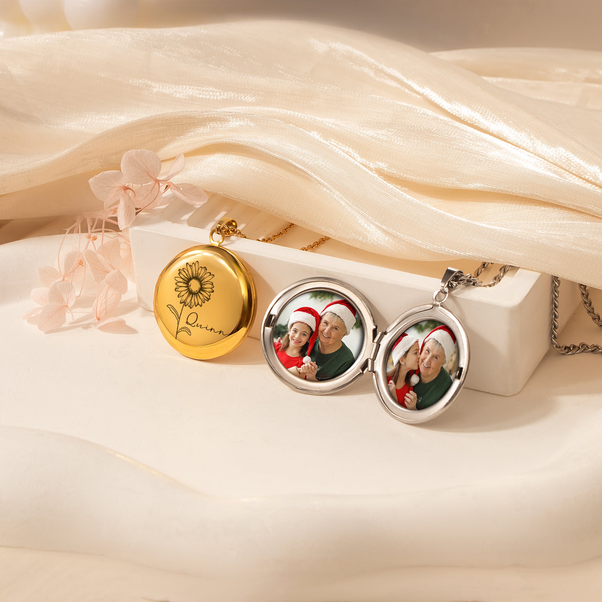 Round Birth Flower and Name Photo Locket Necklace