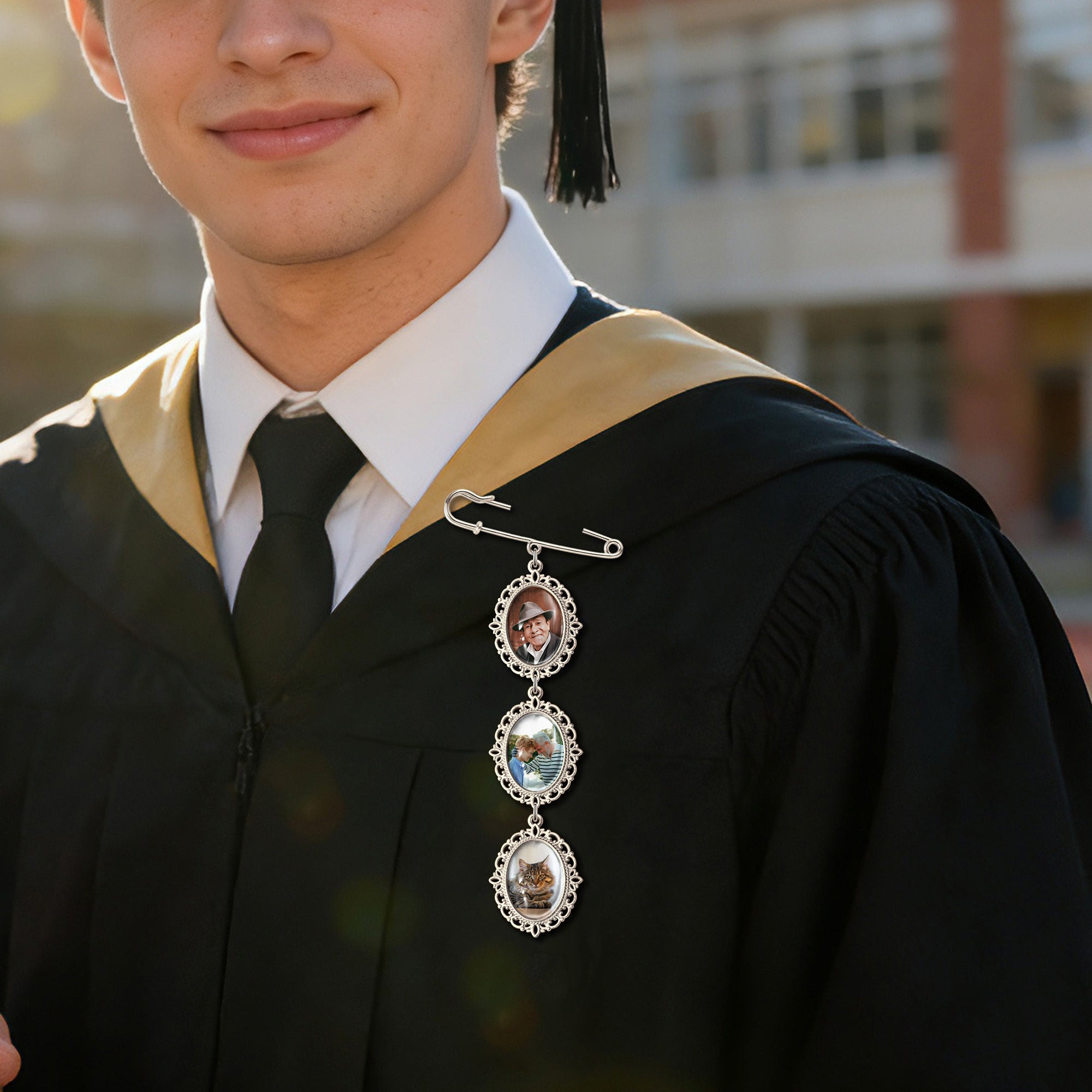 Vertical Graduation Oval Photo Brooch Pin