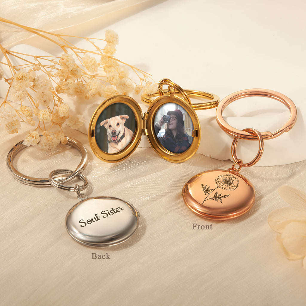 Custom Flower Photo Locket Key Chain