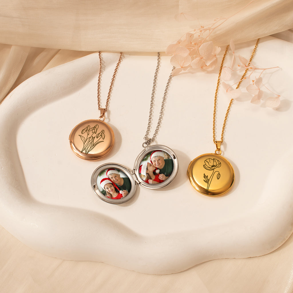 Round Birth Flower Photo Locket Necklace