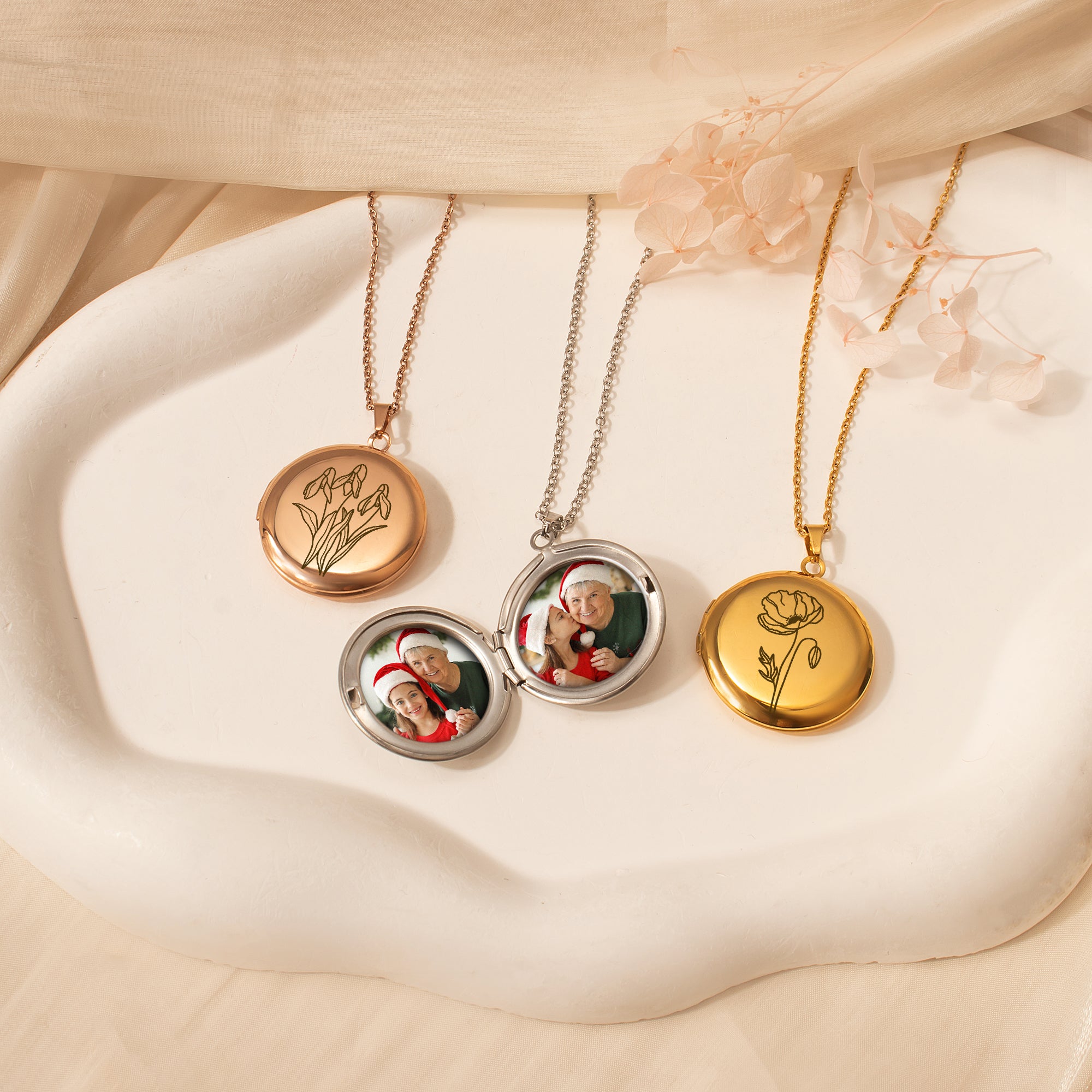 Round Birth Flower Photo Locket Necklace