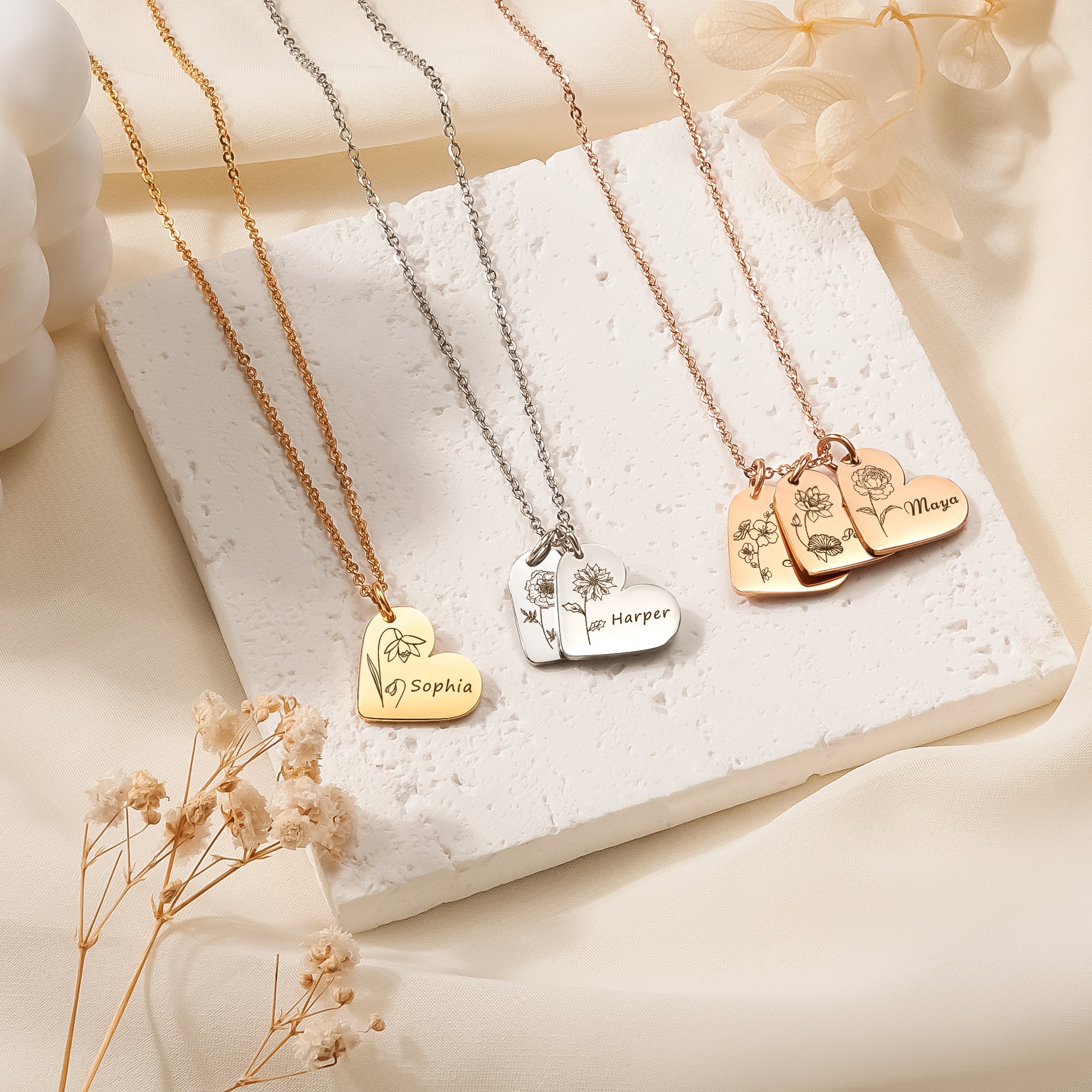 Personalized Mini Heart Text and Birth Flower Necklace
