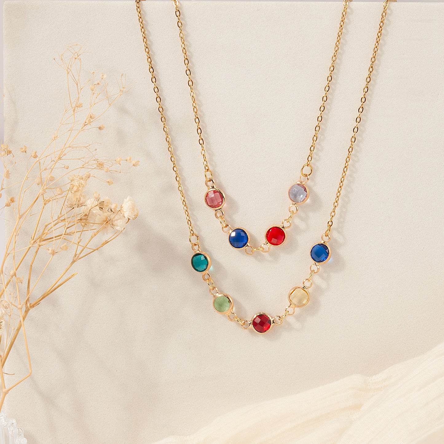 Women's Stainless Steel Connecter Birthstone Charm Necklace