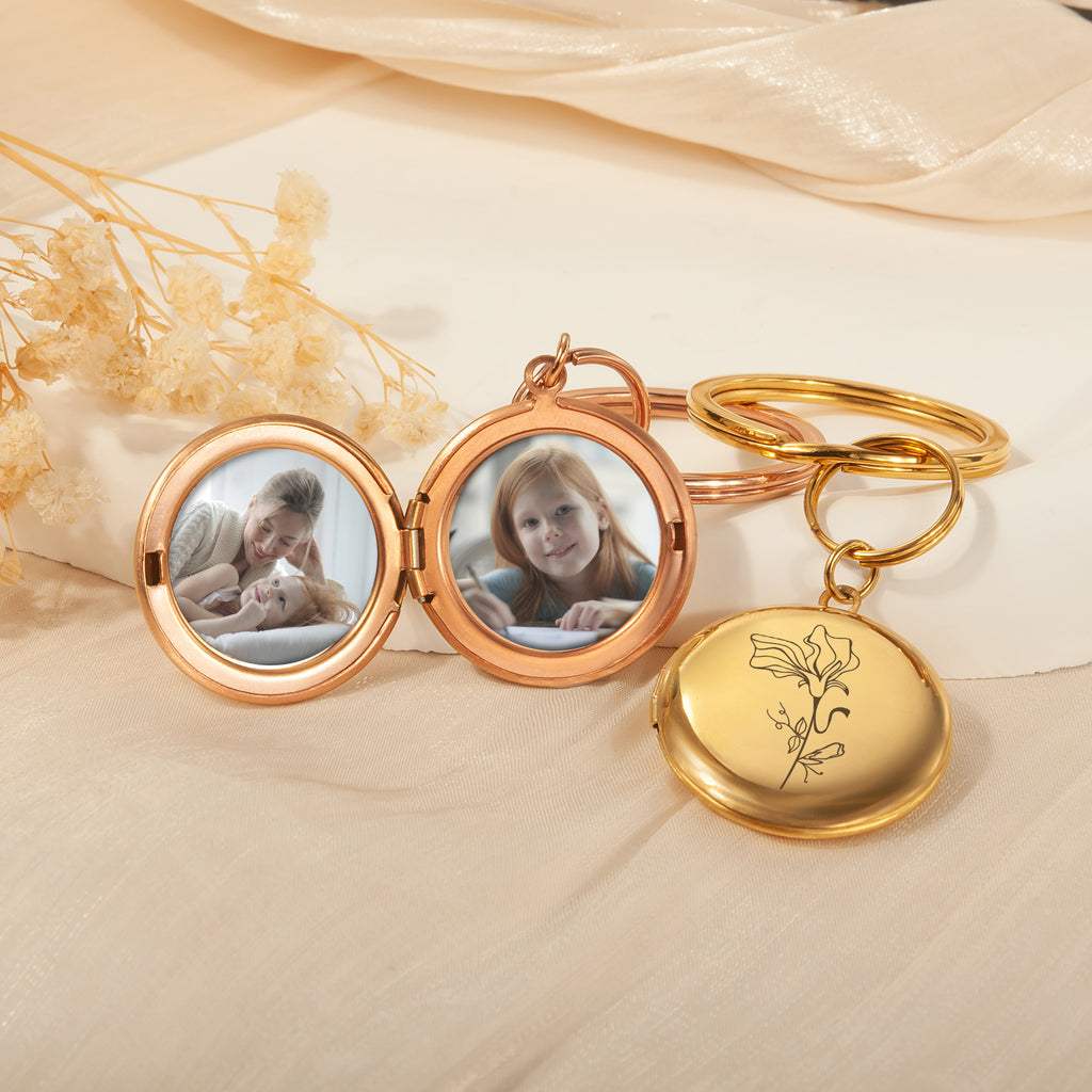 Custom Flower Photo Locket Key Chain