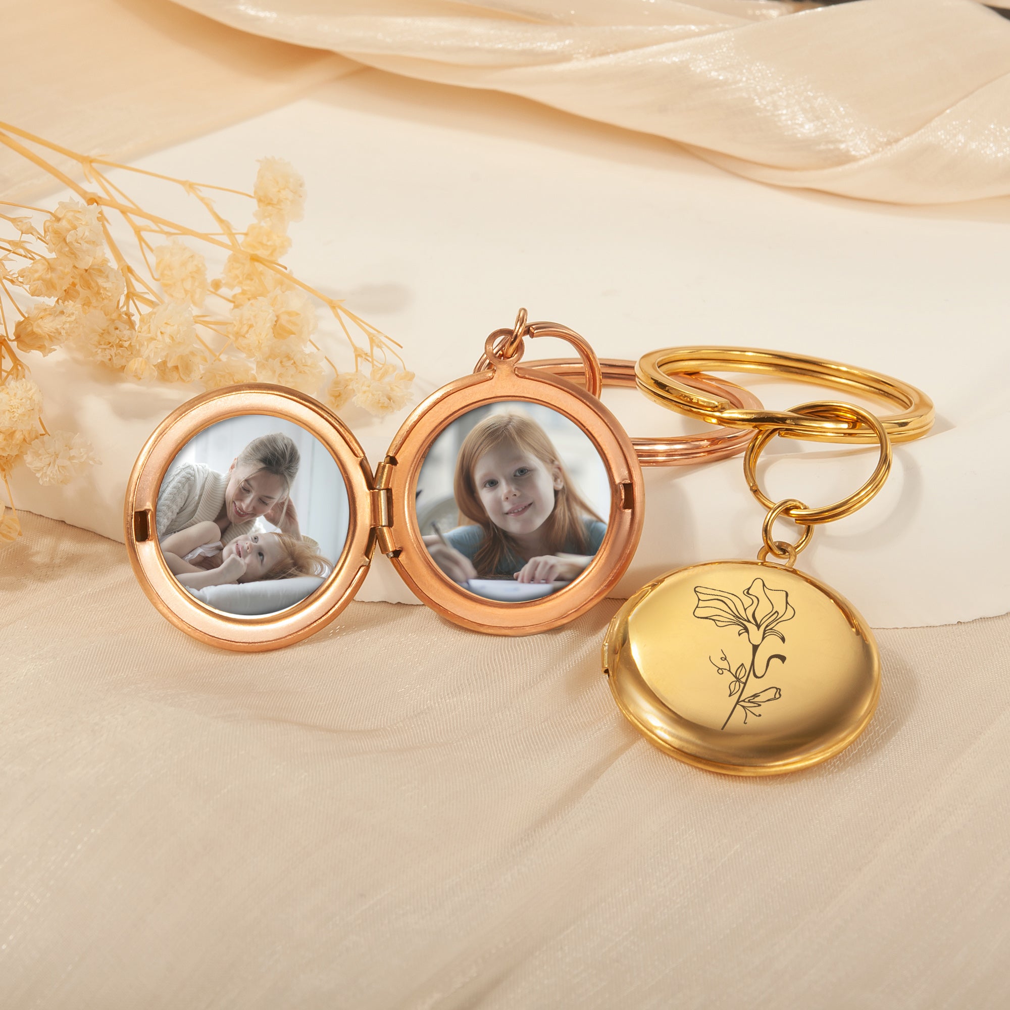 Custom Flower Photo Locket Key Chain