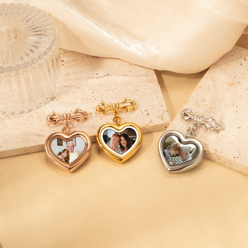 Glass Heart Graduation Photo Locket Brooch Pin