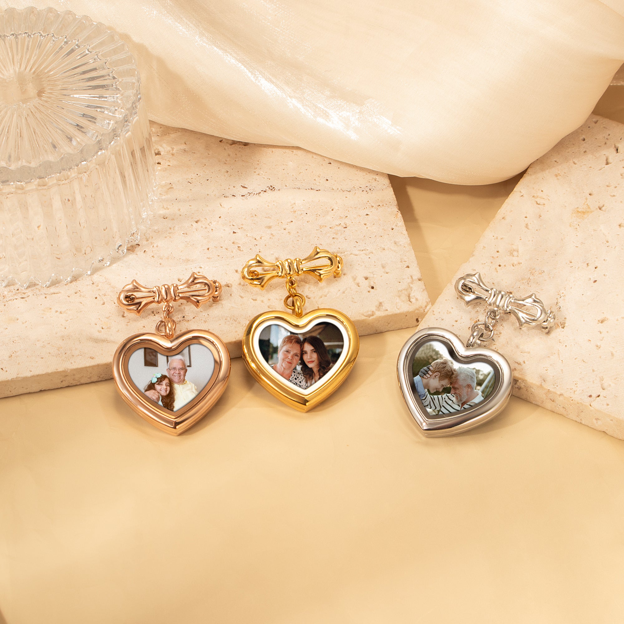 Glass Heart Graduation Photo Locket Brooch Pin
