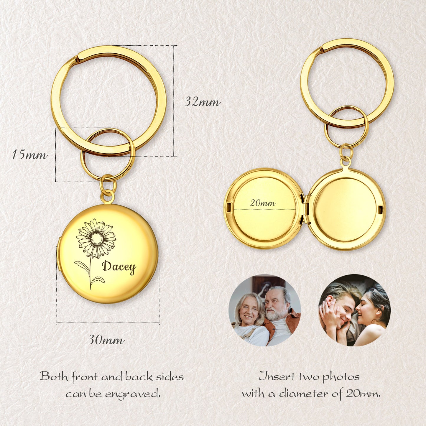 Custom Flower and Name Photo Locket Key Chain