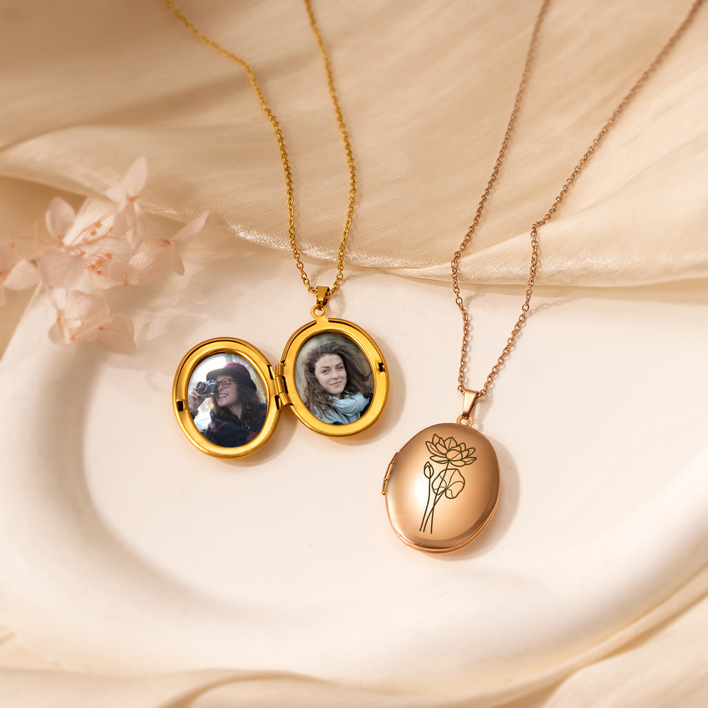 Oval Birth Flower Photo Locket Necklace