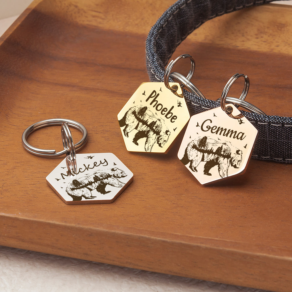 Bear Woods Hexagon Shaped Pet ID Dog Tag
