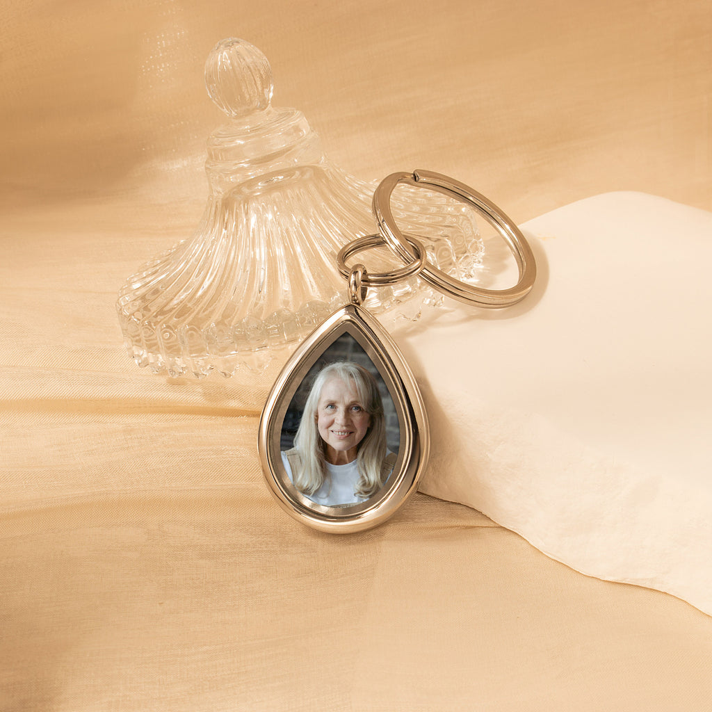 Glass Teardrop Photo Locket Memorial Keychain