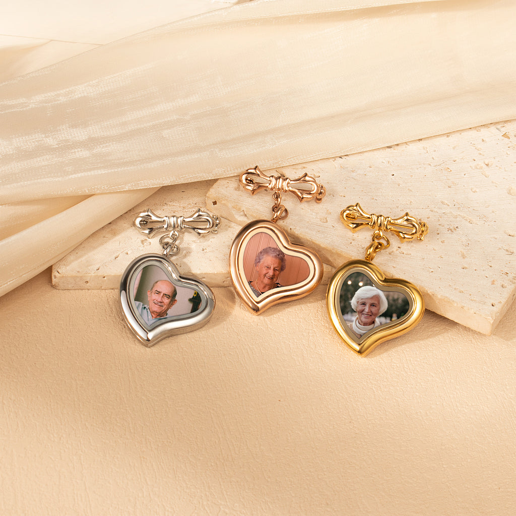 Glass Sideways Heart Graduation Photo Locket Brooch Pin