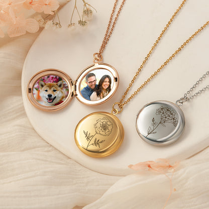 Custom Birth Flower Photo Locket Necklace