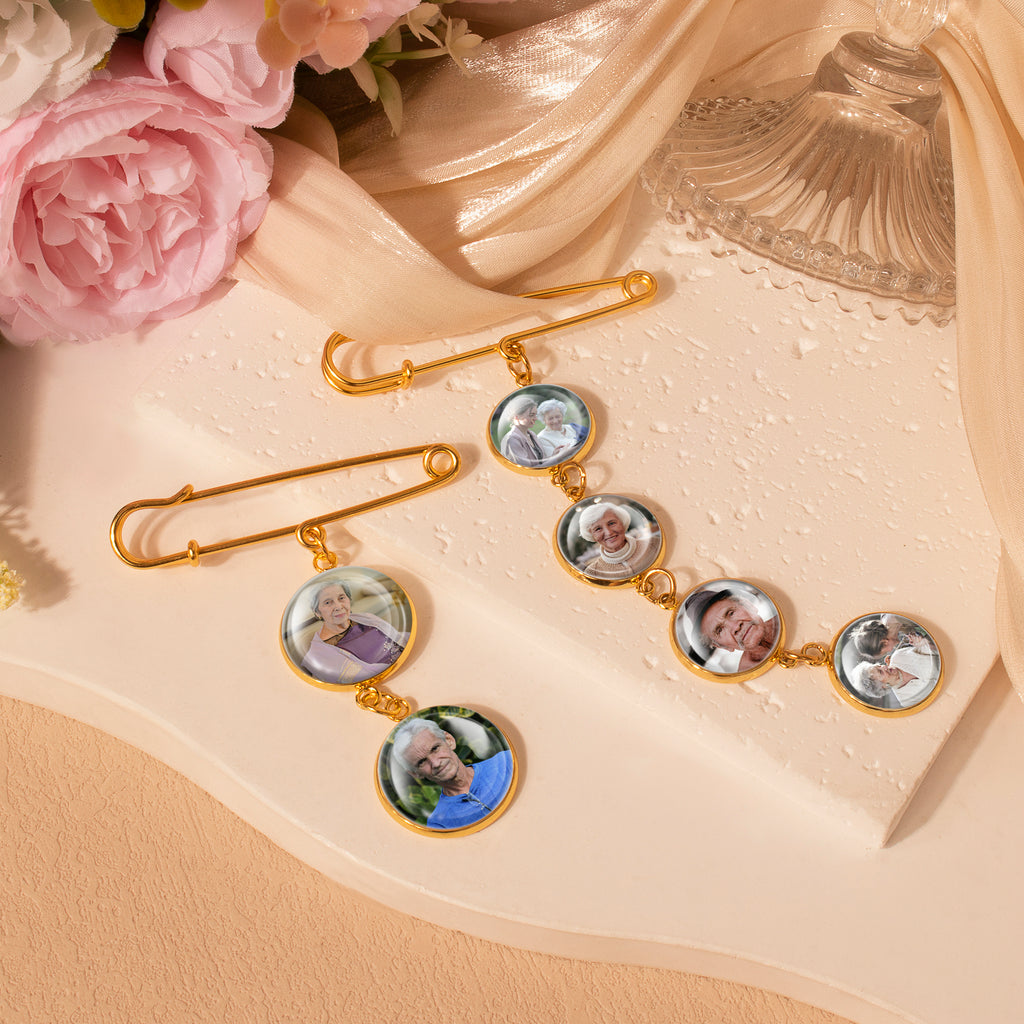 Vertical Wedding Round Photo Brooch Pin