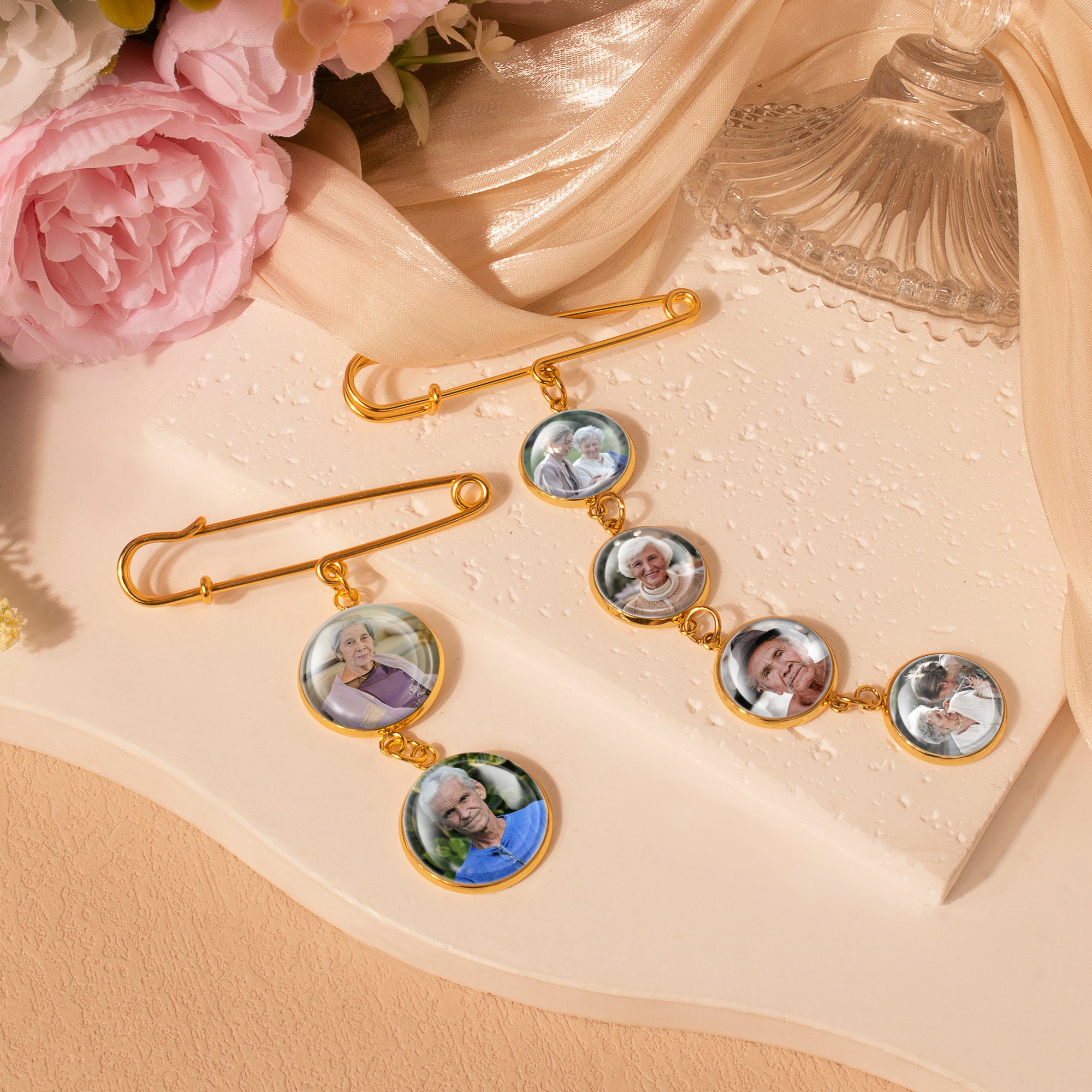 Vertical Wedding Round Photo Brooch Pin