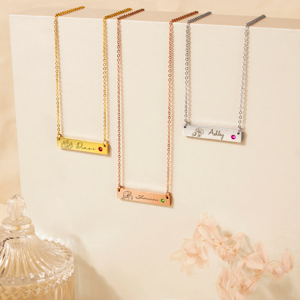 Birthstone Bar Flower and Name Necklace