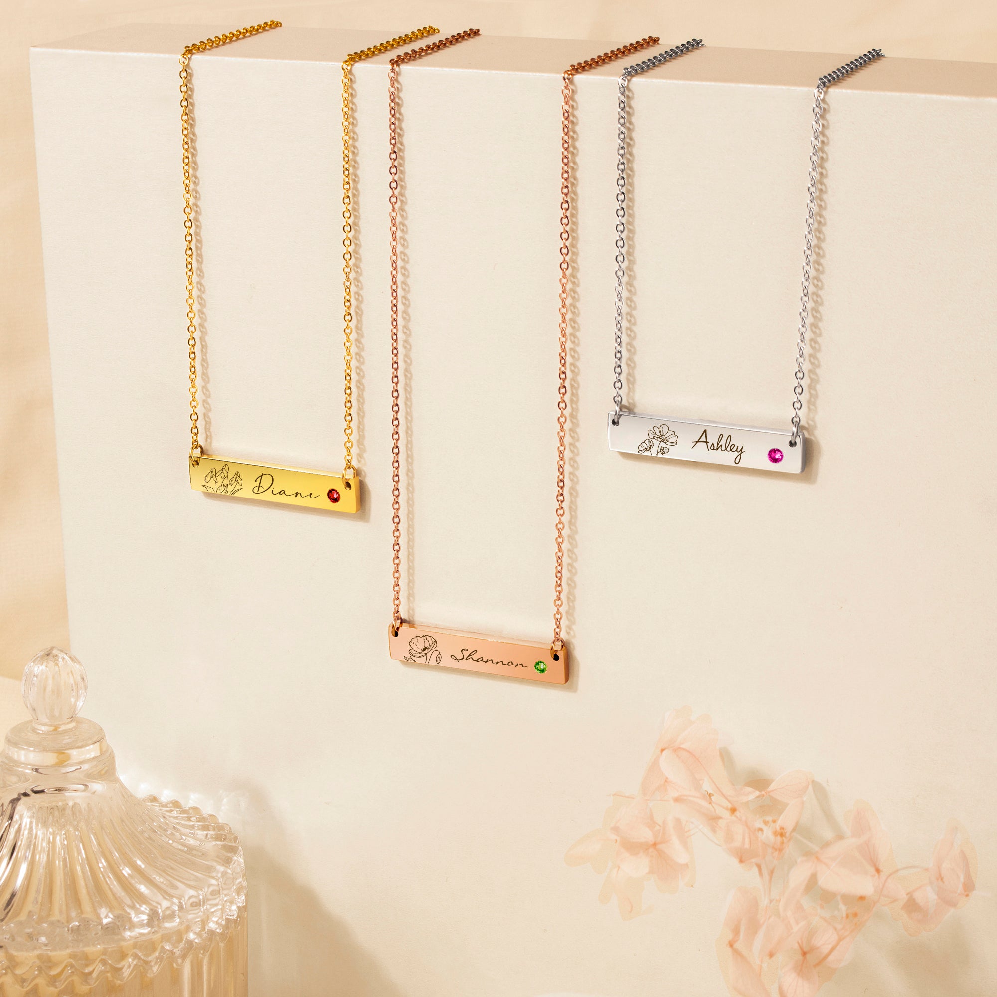 Birthstone Bar Flower and Name Necklace