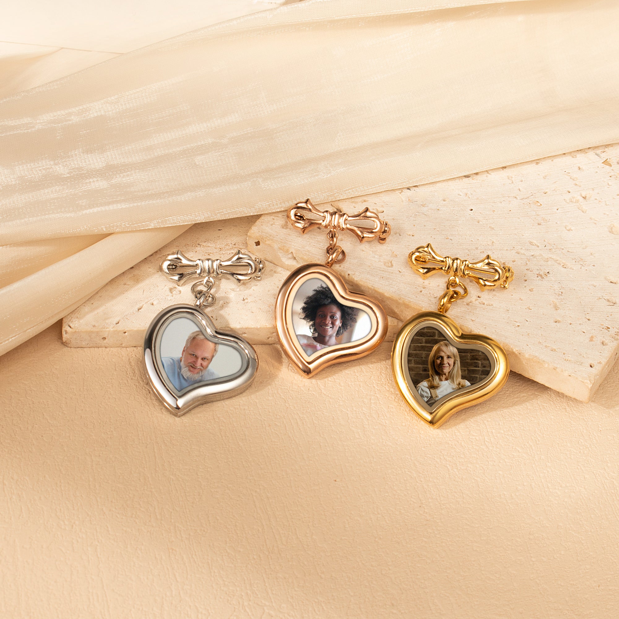 Glass Sideways Heart Photo Locket Brooch Pin