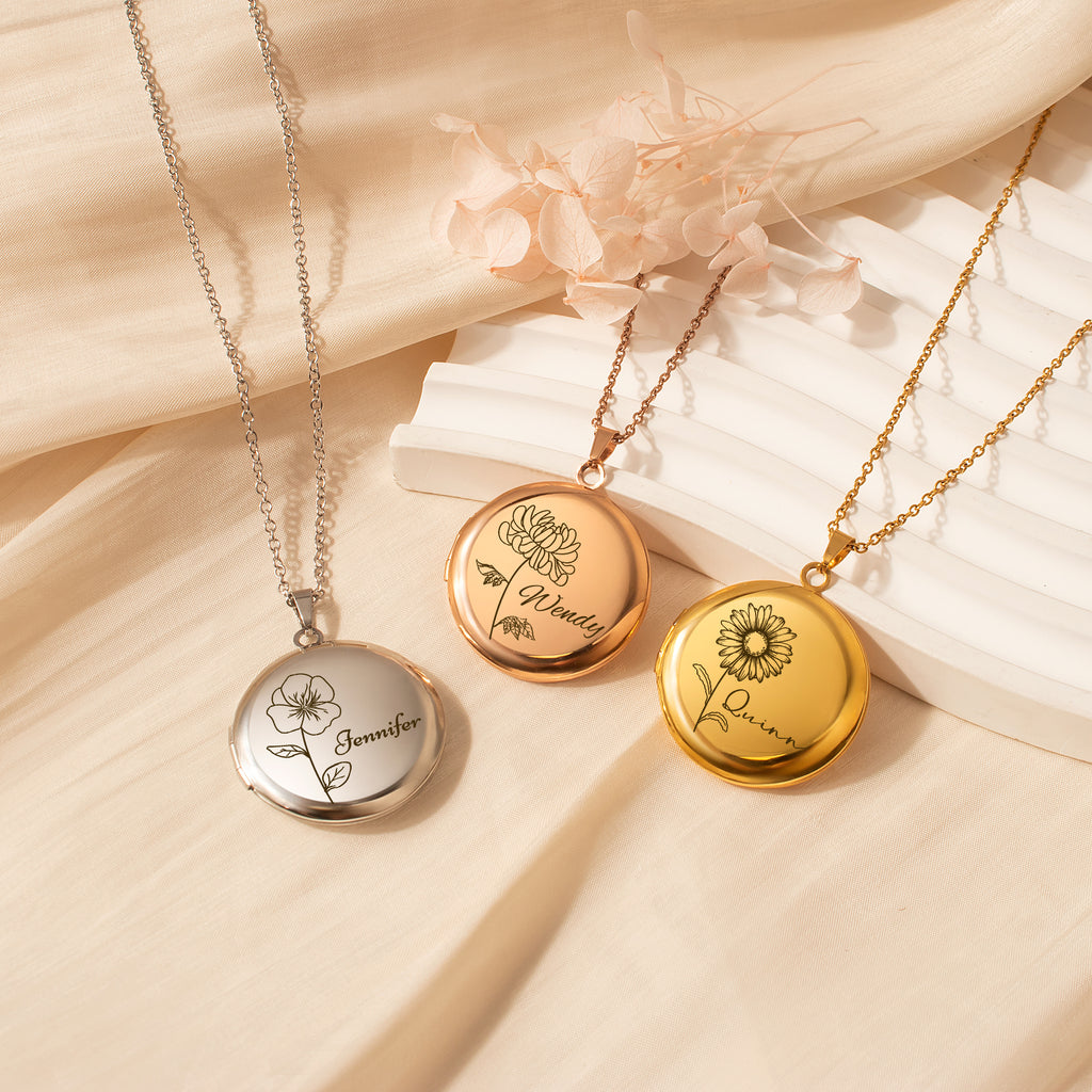 Round Birth Flower and Name Photo Locket Necklace